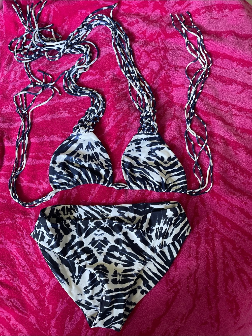 Mikoh Navy and White Tie-Dye Triangle Bikini Top and Bottom New